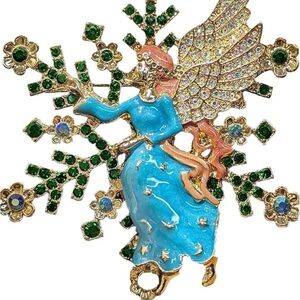 Elegant Angel Snowflake Brooch and Pendant with Blue and Green Accents